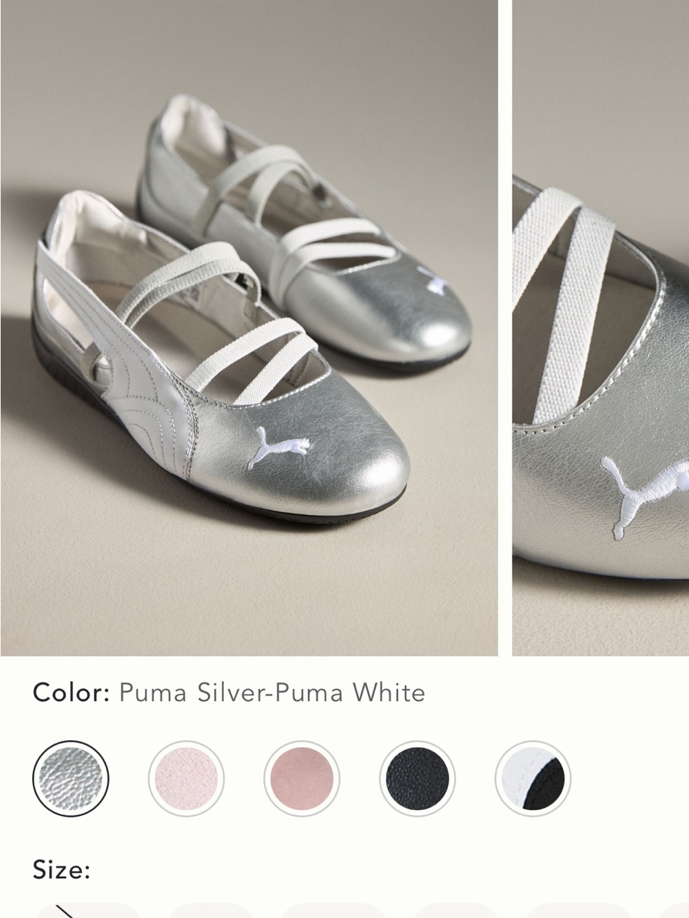 Puma Silver and White Women's Ballet-Style Flats